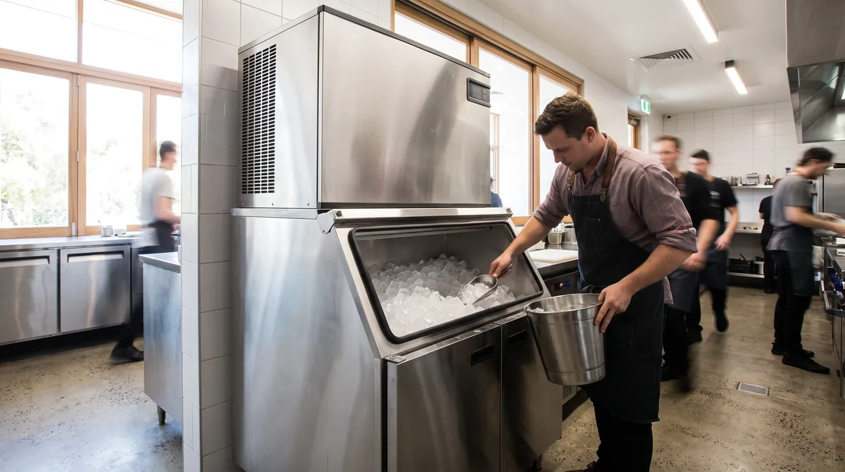 Cube ice filling the insulated storage bin of a commercial ice machine, with a stainless scoop in a wall bracket beside it.