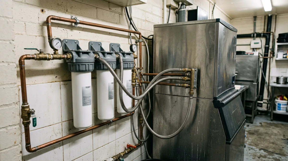Wall-mounted water filtration cartridges plumbed in copper and braided line to a commercial ice machine.