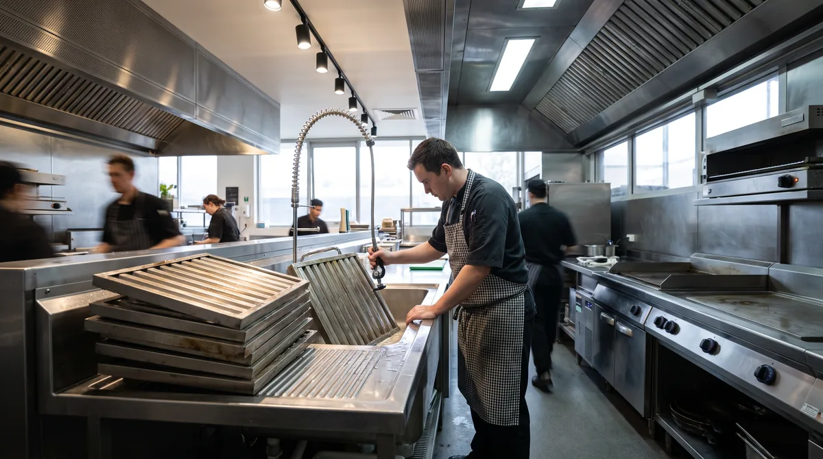 A chef cleaning stainless extraction canopy baffle filters at the end of service, filters lifted out and stacked beside the sink.