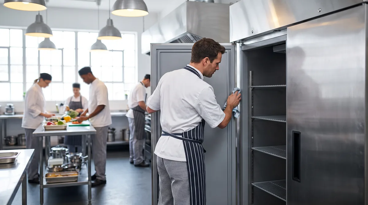 A chef wiping down the door seals and checking a door gasket on a stainless commercial refrigerator during a daily routine.