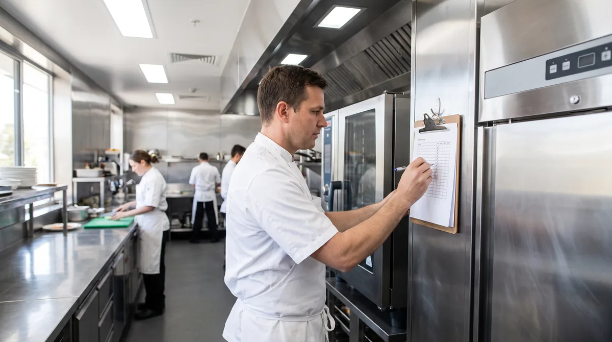 A maintenance and temperature log sheet on a clipboard hanging on a kitchen wall, a chef ticking a box with a pen.
