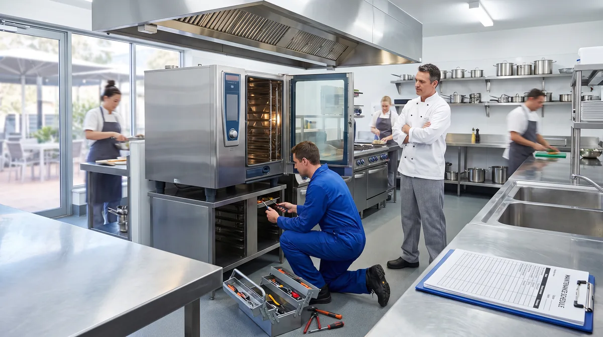 A technician servicing a commercial kitchen appliance with a toolbox open on the floor and a maintenance schedule on a clipboard.