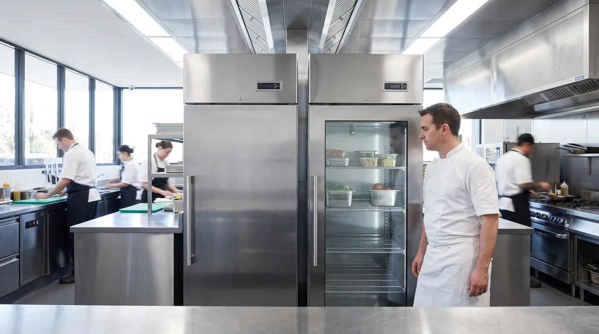 Two almost identical stainless commercial refrigerators side by side, one solid door and one glass door with a different handle.