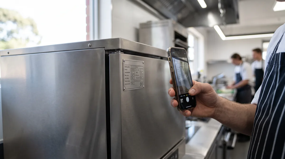 A metal rating plate on the side panel of a commercial kitchen appliance, a chef photographing it with a phone.