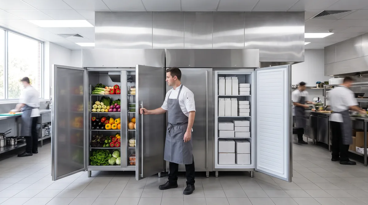 A stainless upright chiller and upright freezer side by side with both doors open, chilled produce in one and frozen cartons in the other.