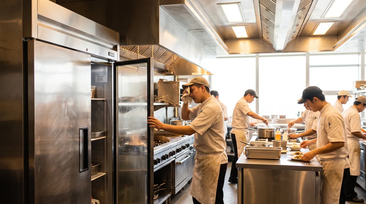 A busy commercial kitchen in summer with a stainless upright refrigerator working beside the hot cooking line.