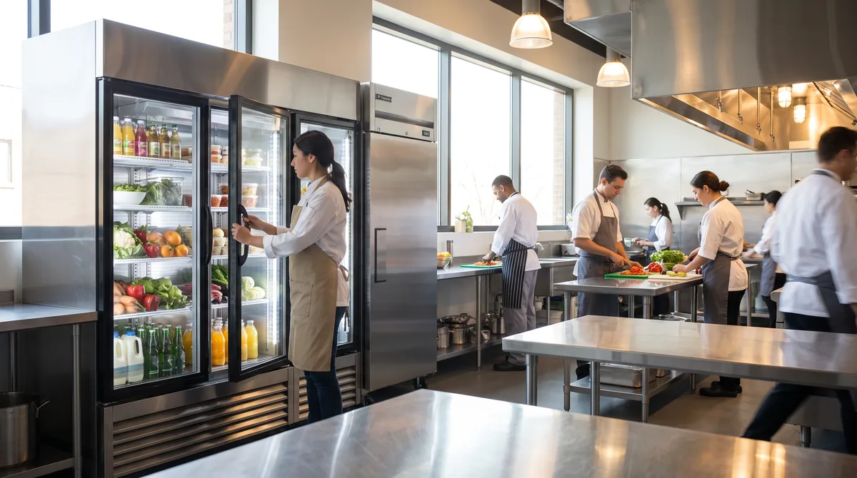 A glass door display fridge and a solid door commercial fridge standing next to each other, a staff member opening the glass door.