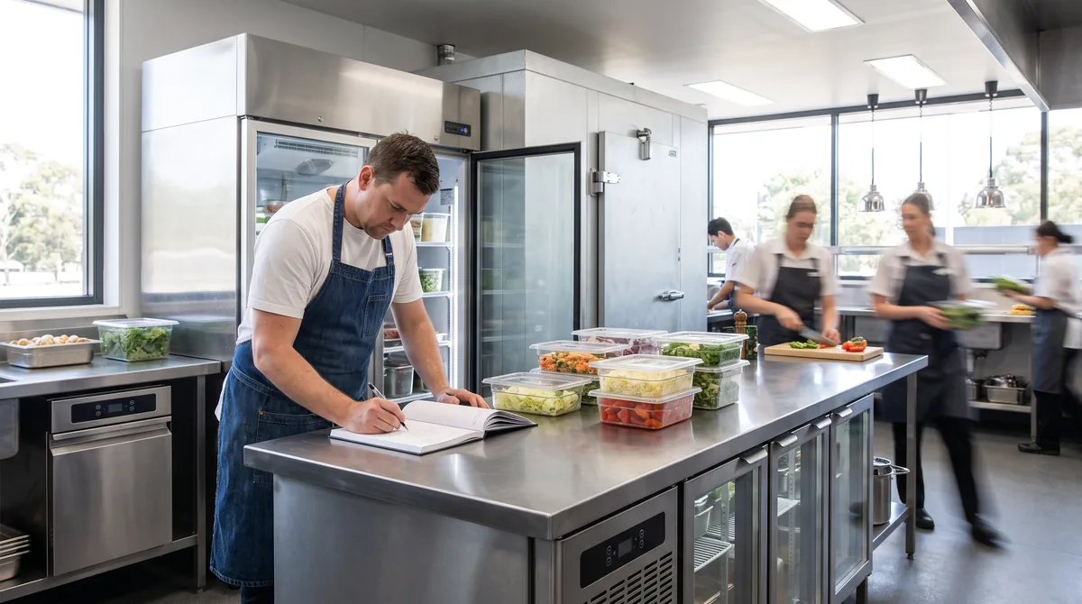 A chef planning a menu at a stainless bench with a notebook and prepped gastronorm pans, an open commercial fridge and coolroom door behind.
