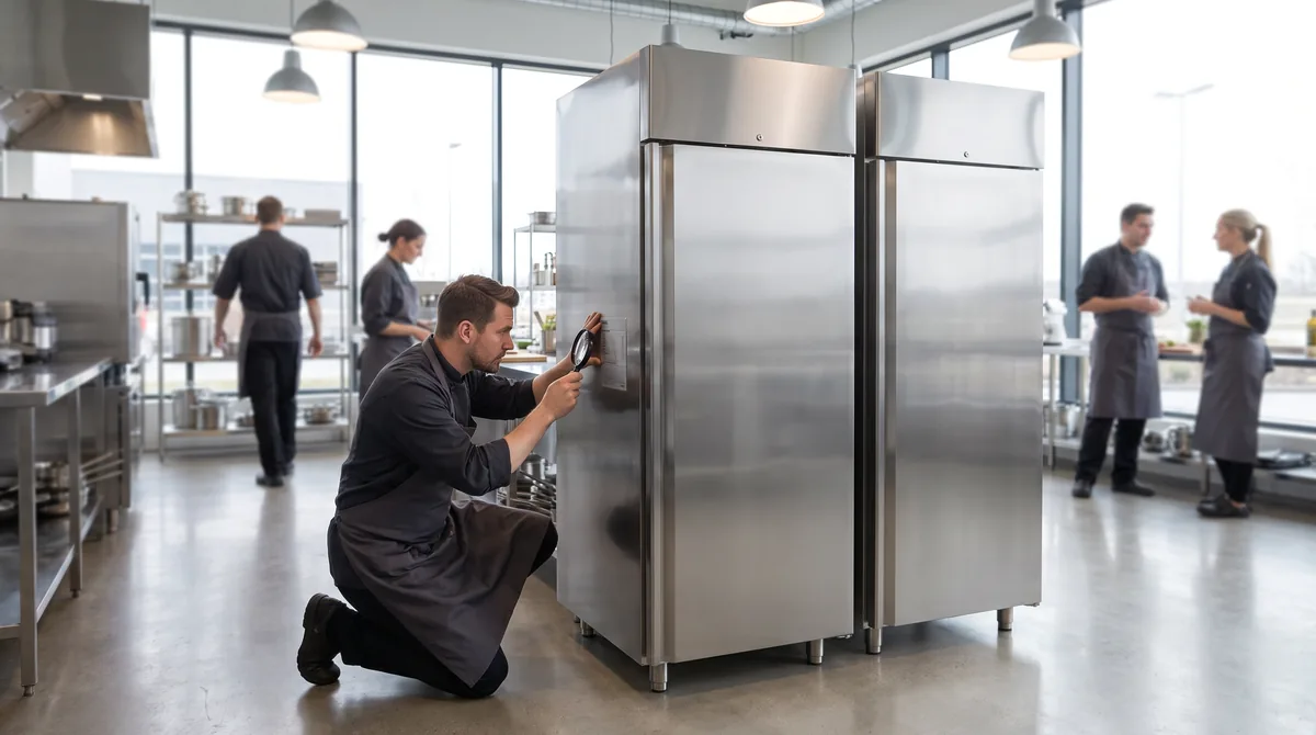 A chef comparing two similar stainless commercial refrigerators in a showroom, reading the rating plate on the side of one cabinet.