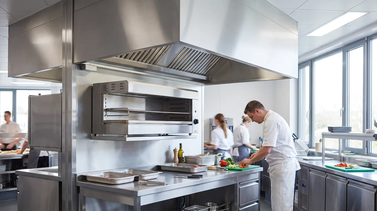 A wall-mounted salamander grill beneath a stainless extraction canopy, showing the clearance between the unit, the bench and the canopy.