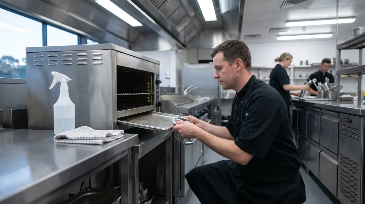 A chef removing the crumb tray from a cooled salamander grill and wiping the grill shelf at close of service.