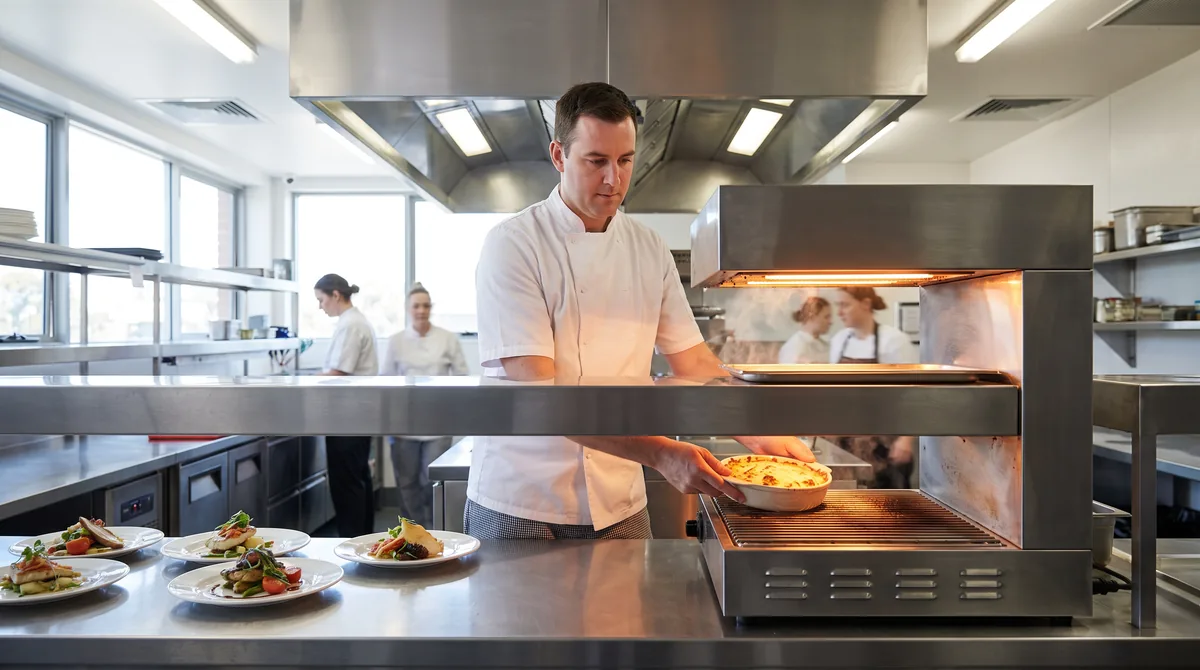 A chef melting cheese on a gratin dish under the glowing element of a salamander grill, plated dishes waiting on the pass.