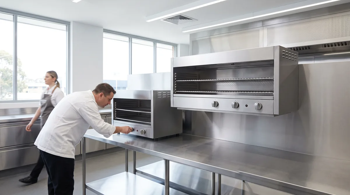 Two stainless salamander grills of different sizes side by side, one wall mount and one bench mount.