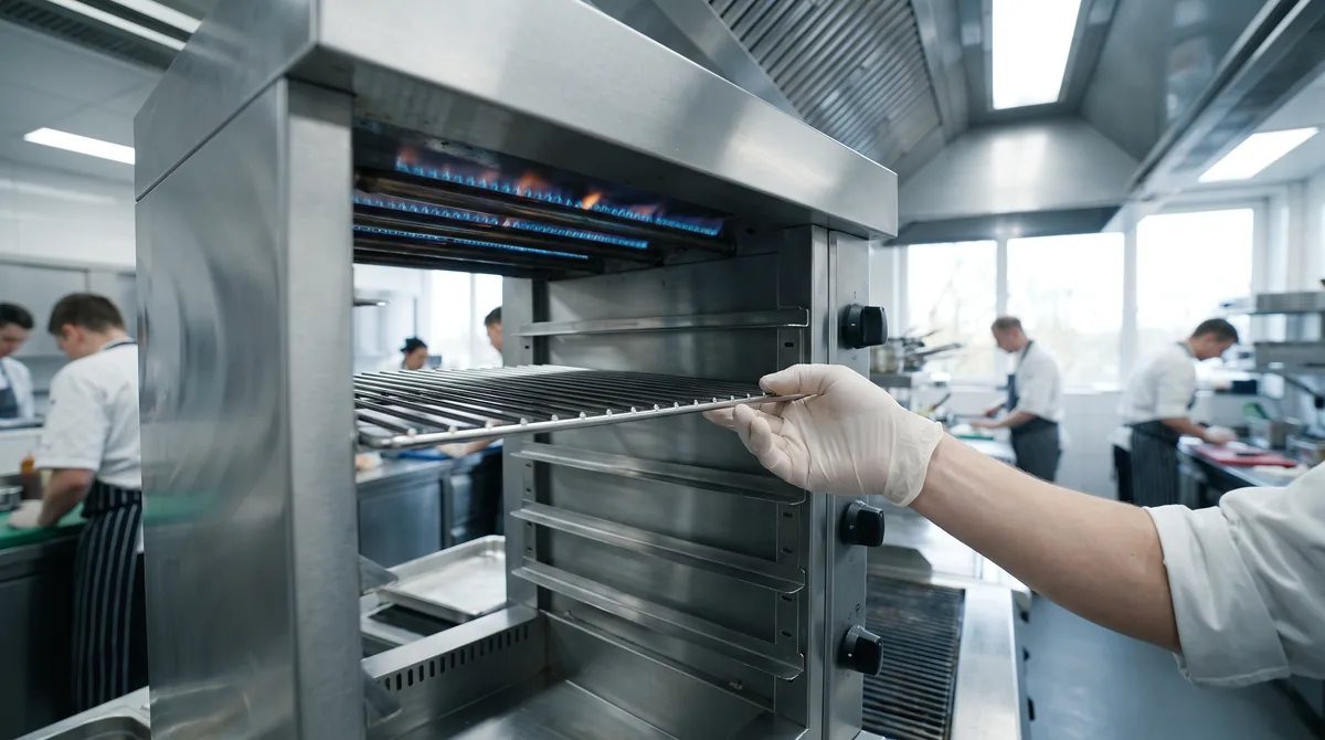 The burner bars and adjustable shelf runners inside a salamander grill, with a hand moving the shelf to a lower runner.