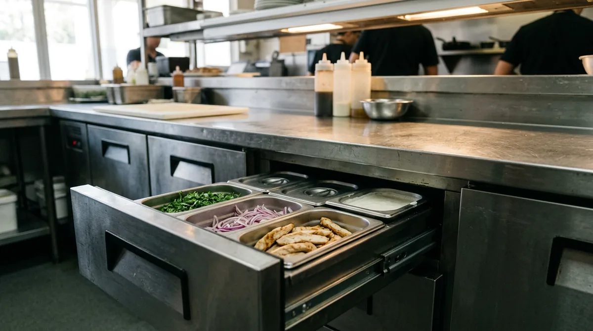 A refrigerated drawer pulled open under a commercial kitchen pass, holding gastronorm pans of prepped ingredients.