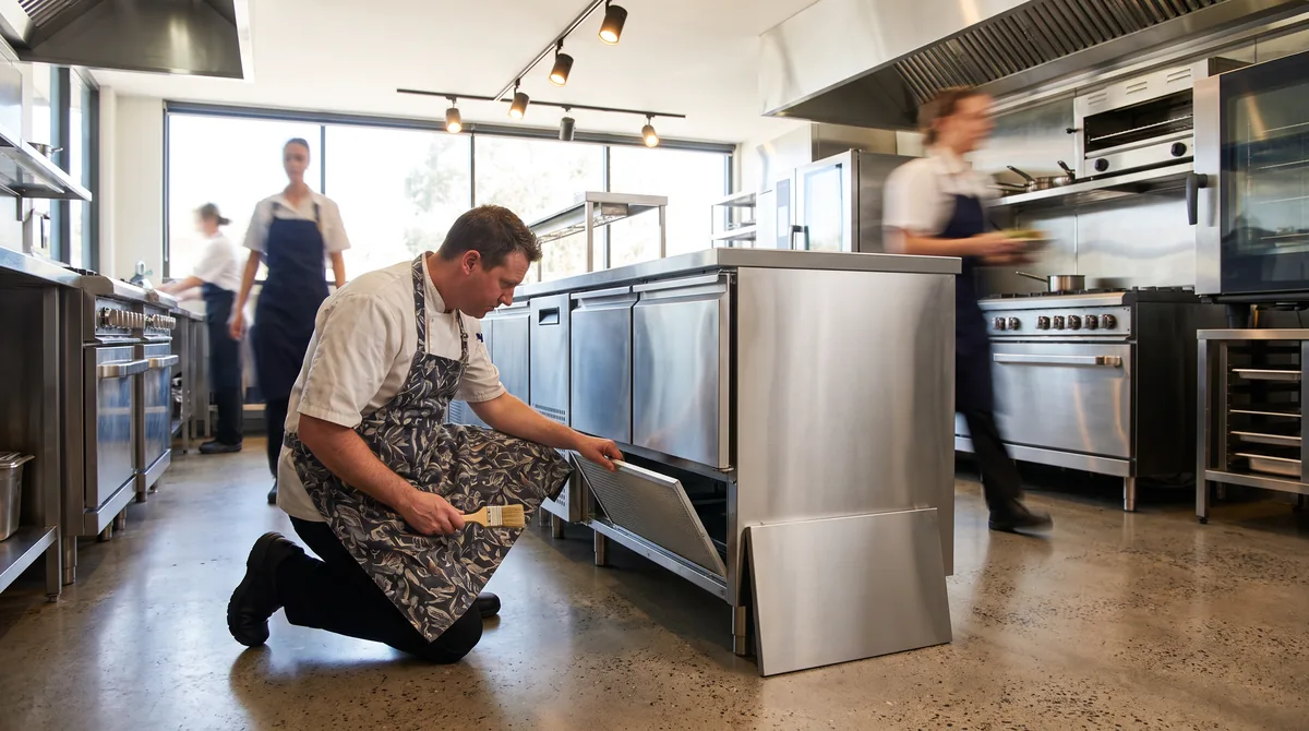 A chef pulling the condenser filter from the front kick panel of a refrigerator to clean it, brush in hand.