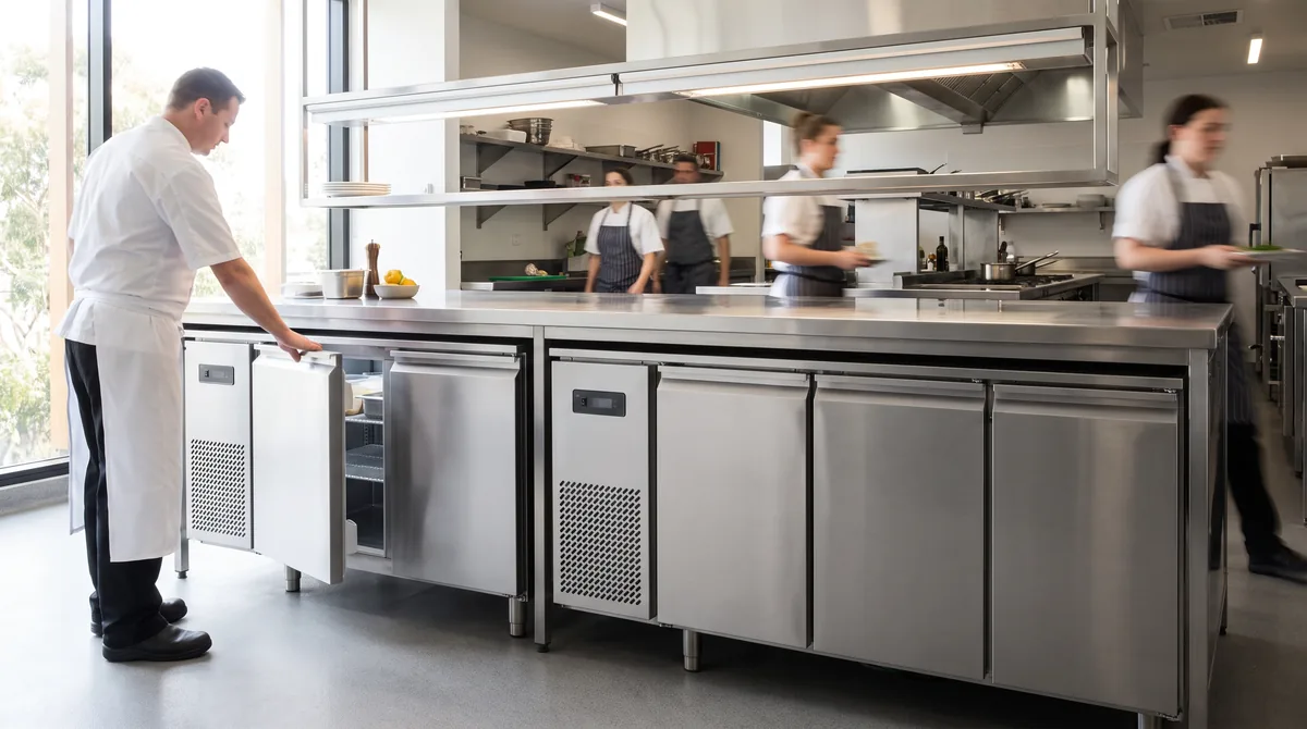 A two-door and a three-door stainless underbench refrigerator installed side by side along a kitchen wall, a chef opening one door.
