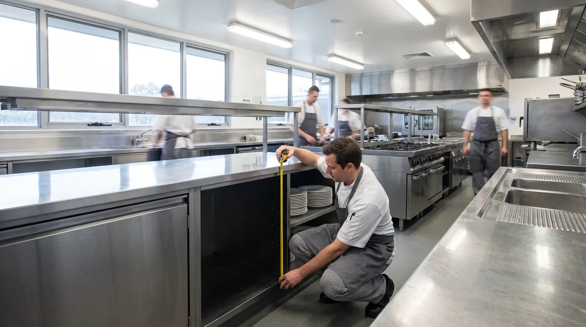 A chef holding a tape measure across the height of an empty bench void before installing an underbench refrigerator.
